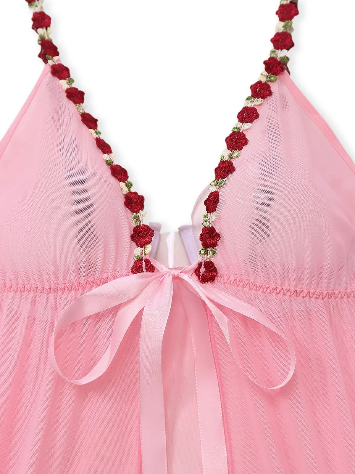 Dark Pink 1950s Deep V-Neck Embroidered Flower Pajama Set sold by Retro Stage product image thumbnail 3