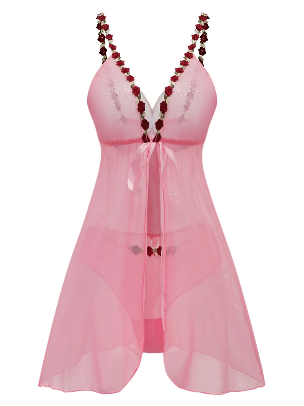 Dark Pink 1950s Deep V-Neck Embroidered Flower Pajama Set sold by Retro Stage