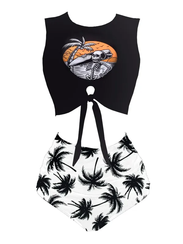 1980s Punk Waist Tie Skeleton Beach Print Bikini Set sold by Retro Stage