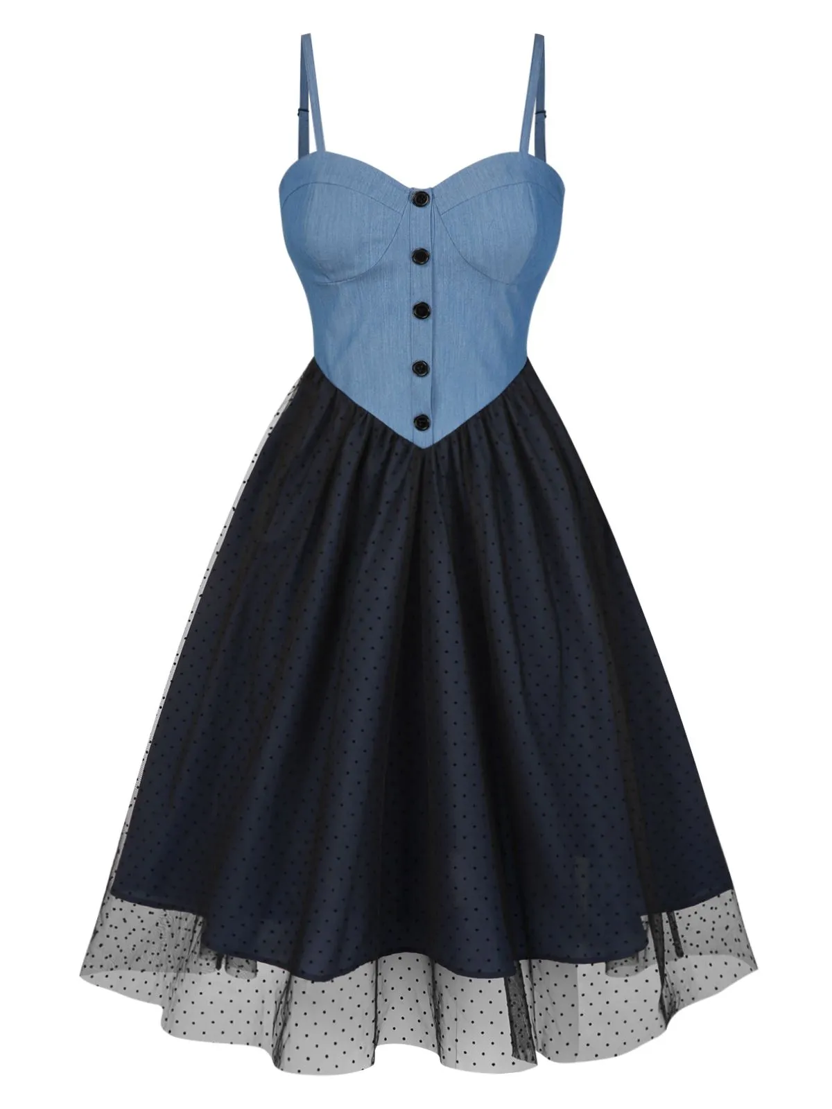 Blue 1950s Denim Polka Dot Mesh Patchwork Dress sold by Retro Stage product image thumbnail 3