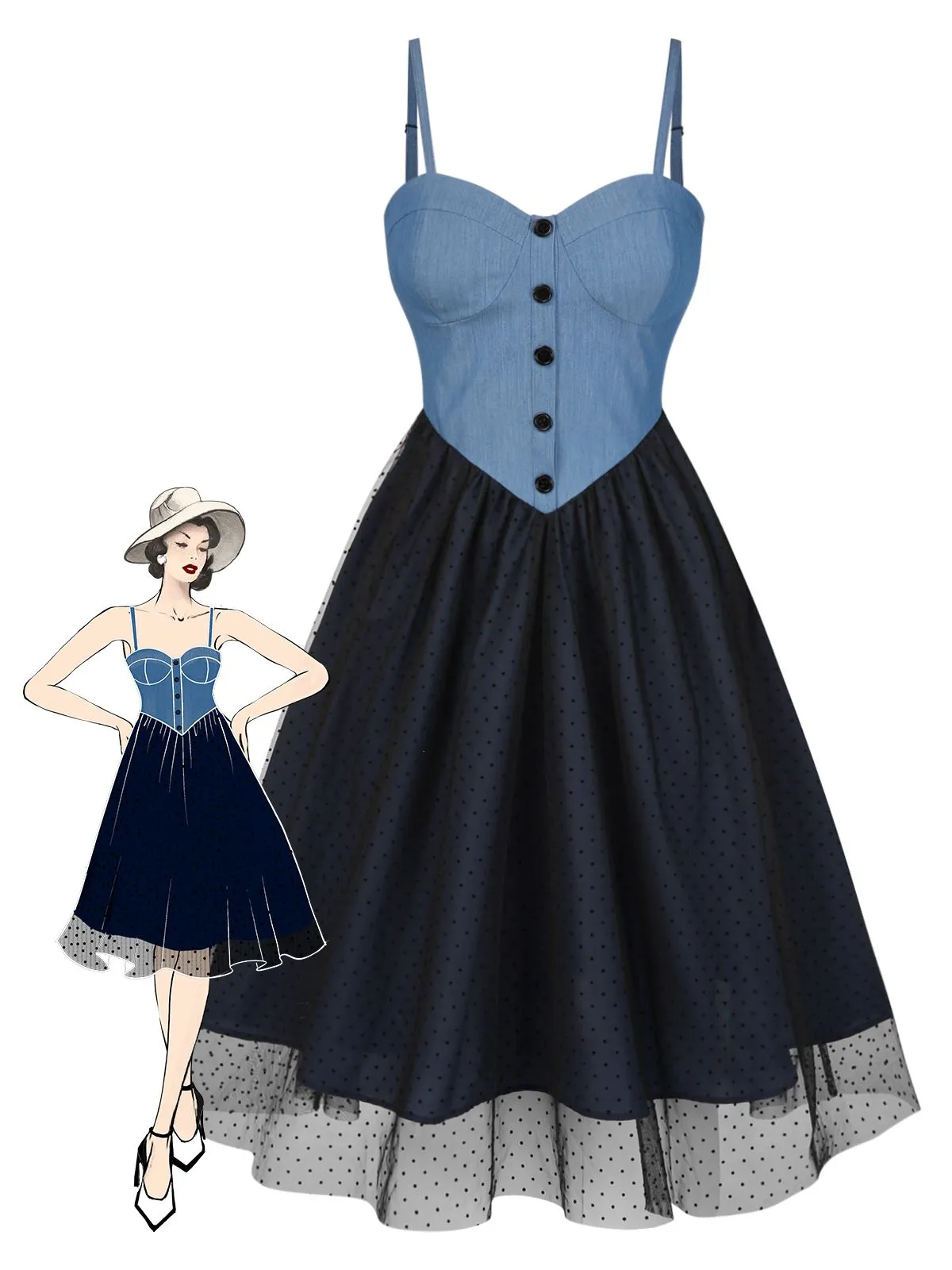 Blue 1950s Denim Polka Dot Mesh Patchwork Dress sold by Retro Stage