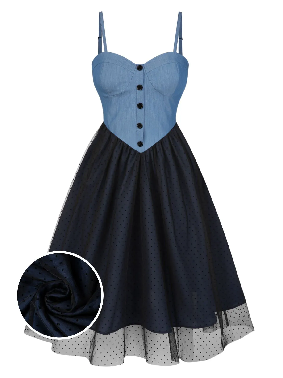 Blue 1950s Denim Polka Dot Mesh Patchwork Dress sold by Retro Stage product image thumbnail 2