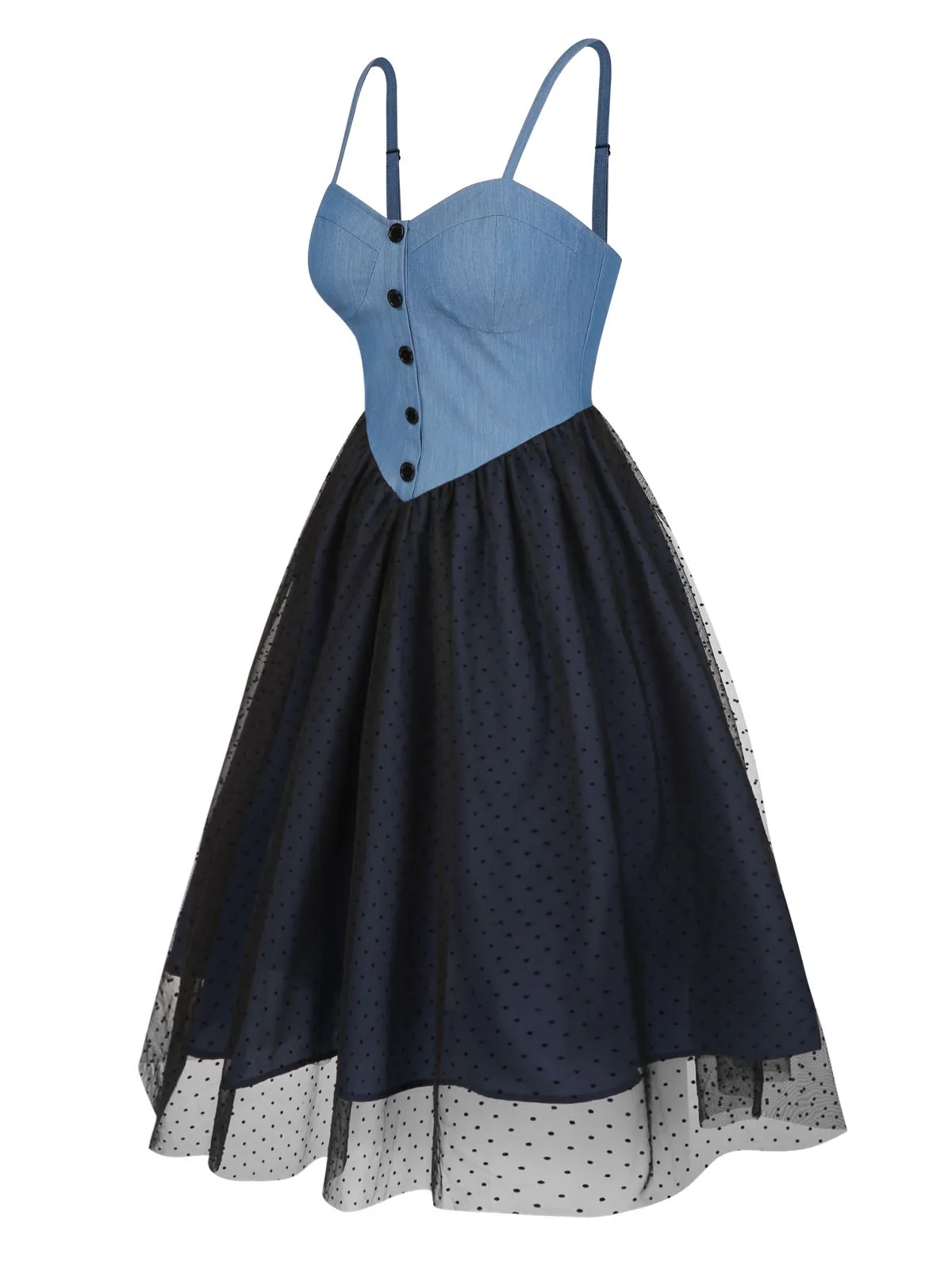 Blue 1950s Denim Polka Dot Mesh Patchwork Dress sold by Retro Stage product image thumbnail 4