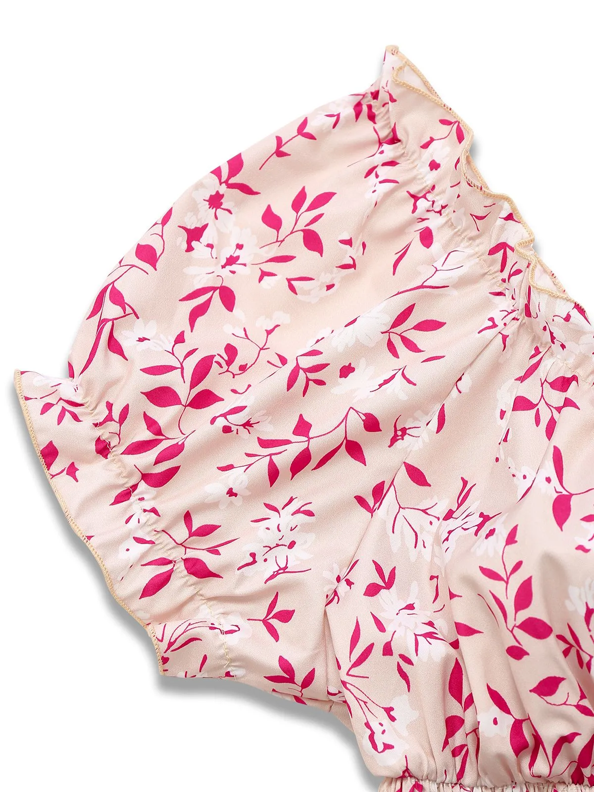 Pink 1940s V-Neck Floral Puff Sleeve Dress sold by Retro Stage product image thumbnail 4