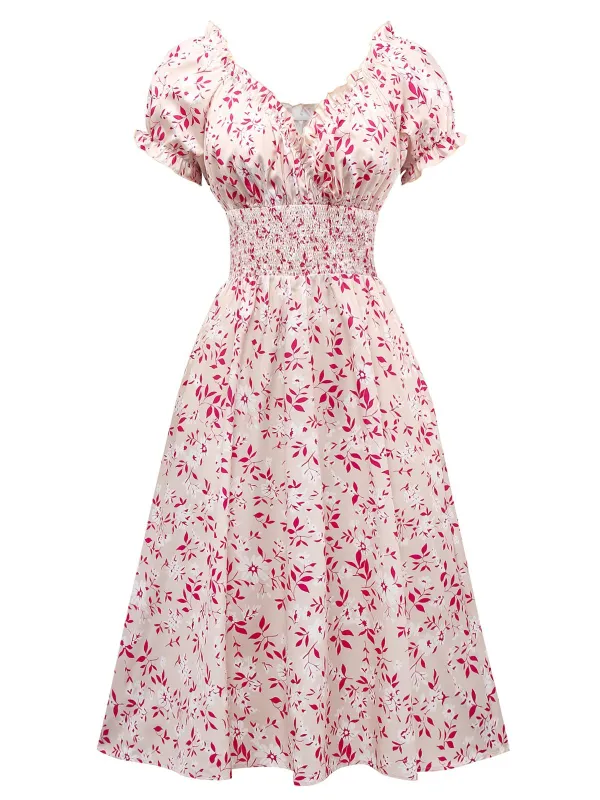 Pink 1940s V-Neck Floral Puff Sleeve Dress sold by Retro Stage