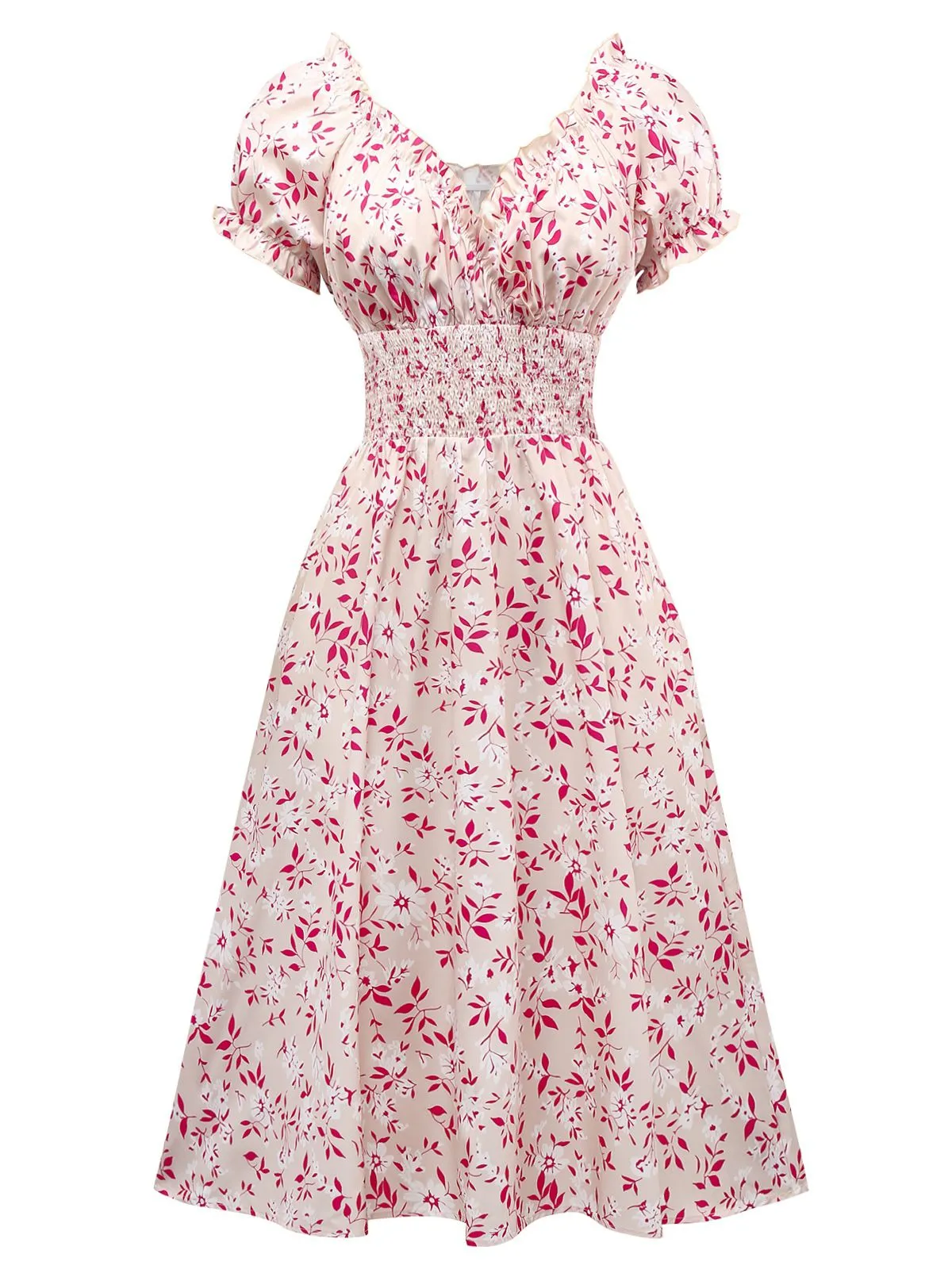 Pink 1940s V-Neck Floral Puff Sleeve Dress sold by Retro Stage