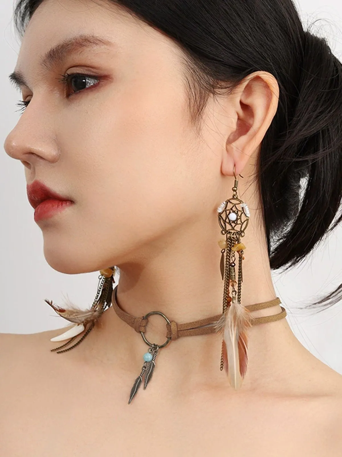 Leather Choker & Feather Dreamcatcher Tassel Earrings Set sold by Retro Stage product image thumbnail 4