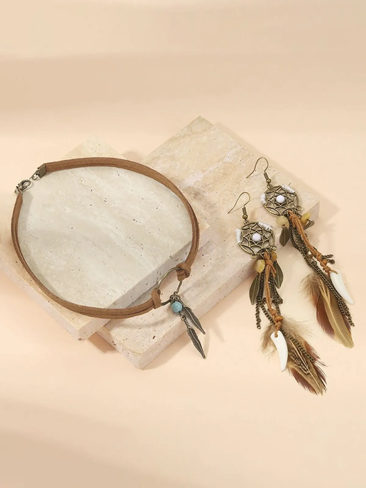 Leather Choker & Feather Dreamcatcher Tassel Earrings Set sold by Retro Stage