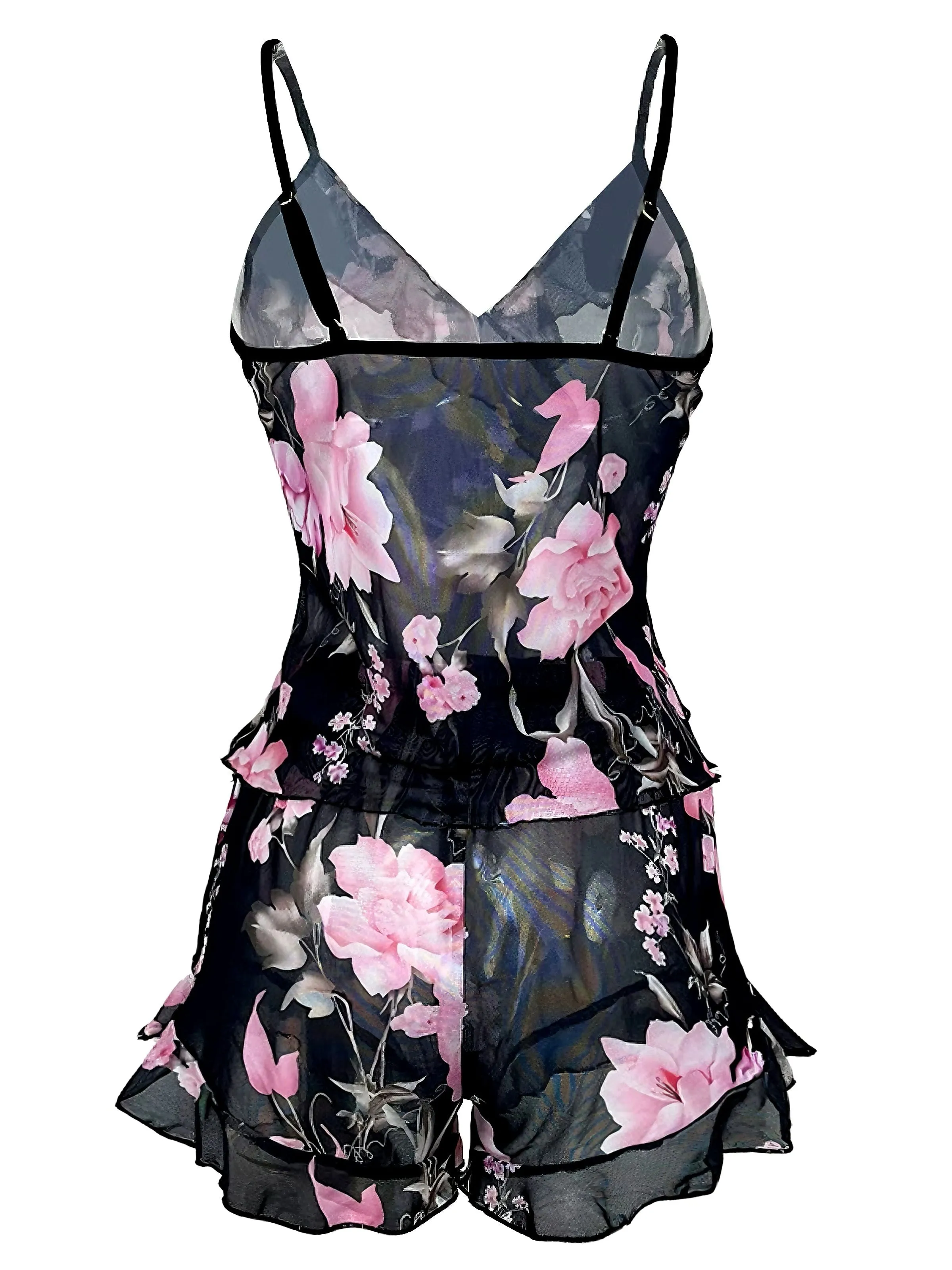 Black 1930s Floral Ruffled V-Neck Pajama Set sold by Retro Stage product image thumbnail 2