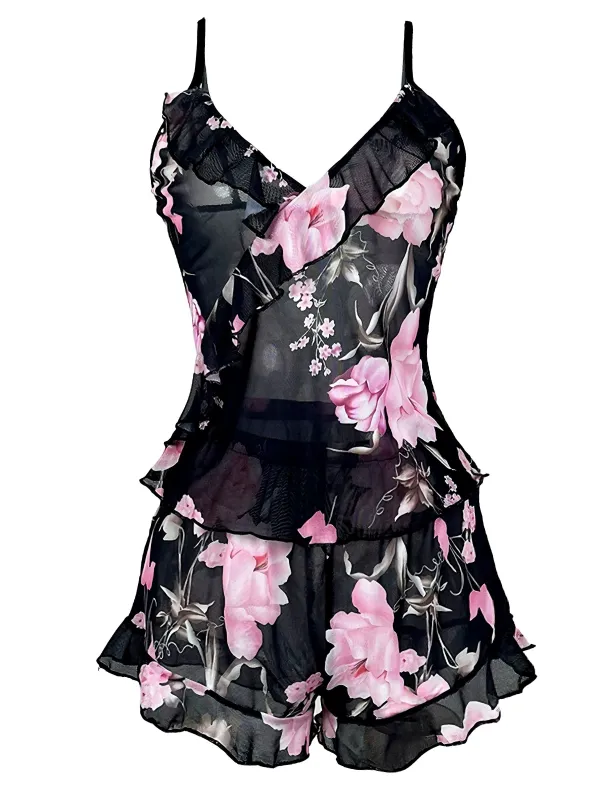 Black 1930s Floral Ruffled V-Neck Pajama Set sold by Retro Stage