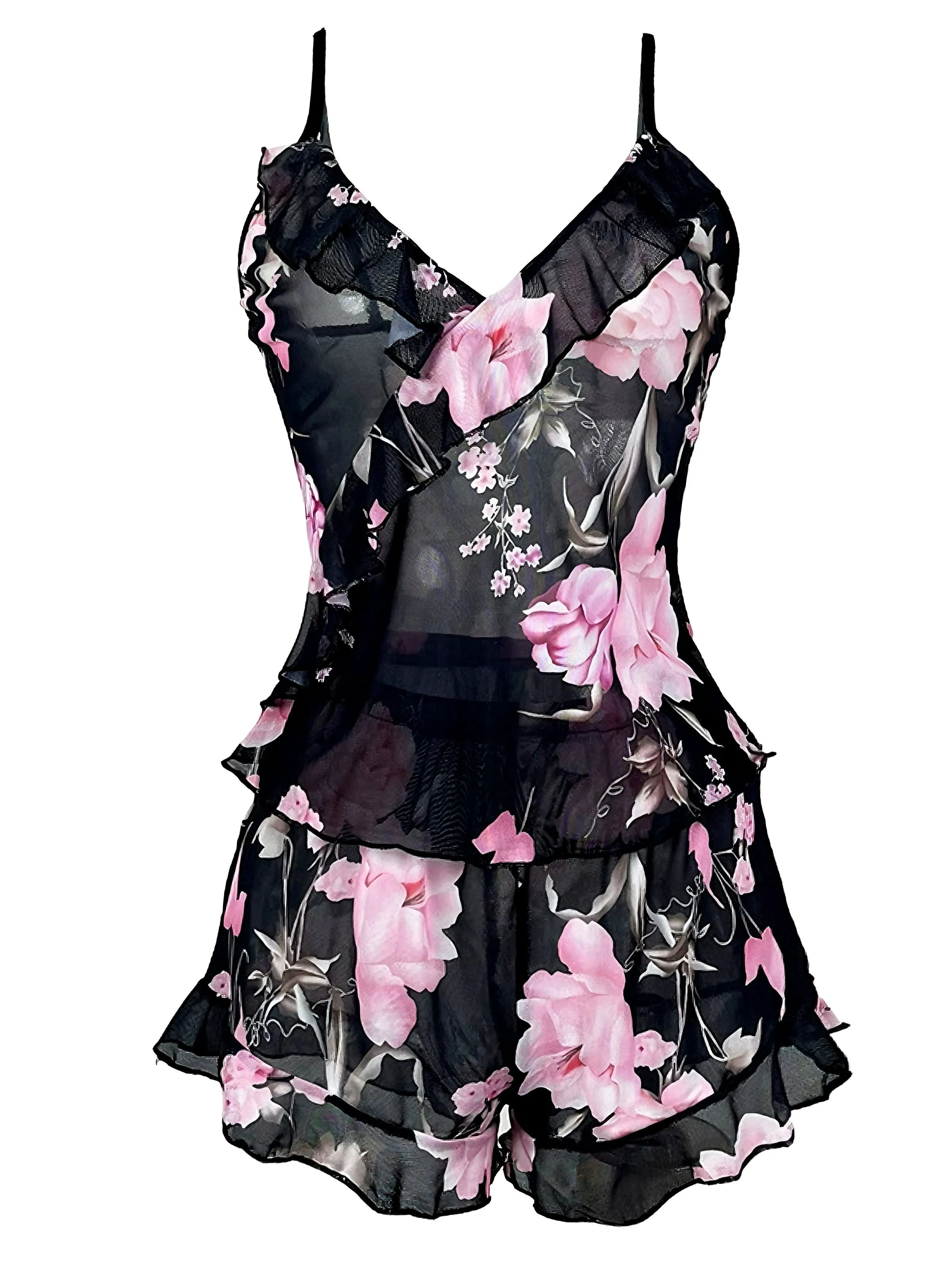 Black 1930s Floral Ruffled V-Neck Pajama Set sold by Retro Stage