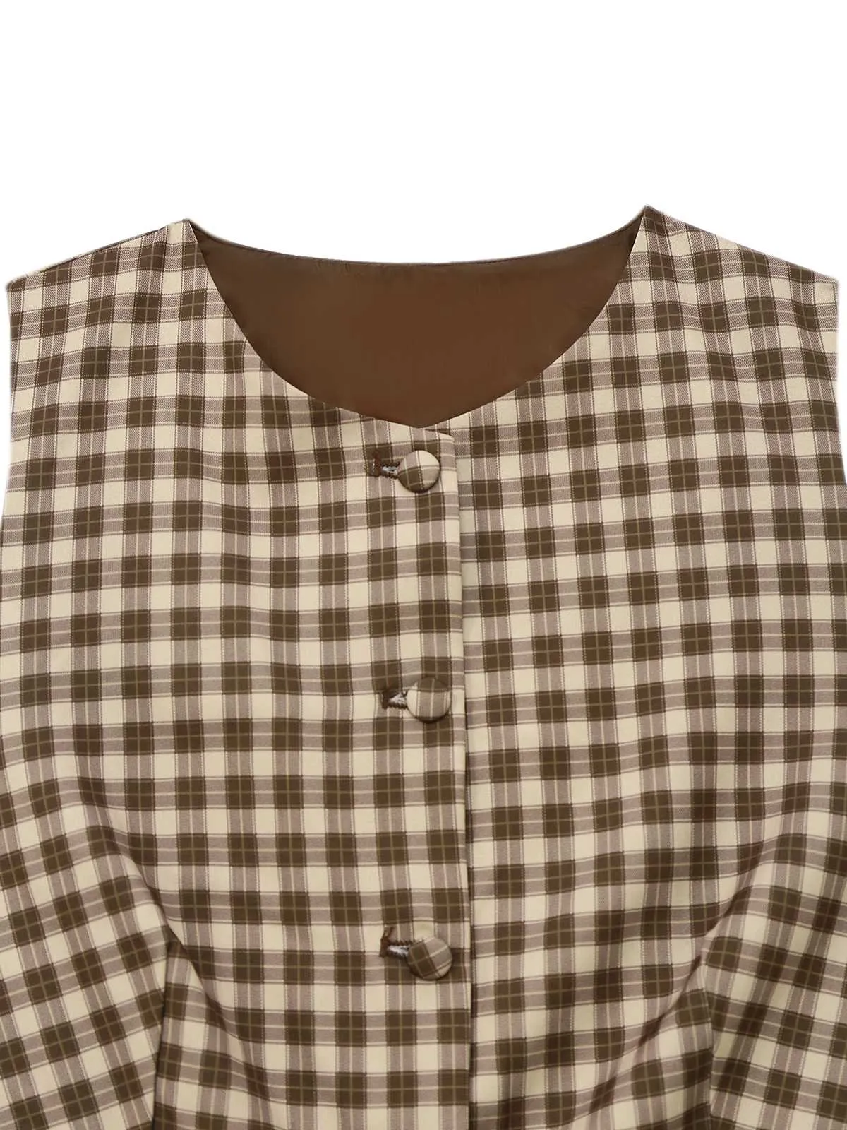 2PCS Brown 1960s Gingham Plaid Pleated Vest & Skirt sold by Retro Stage product image thumbnail 5