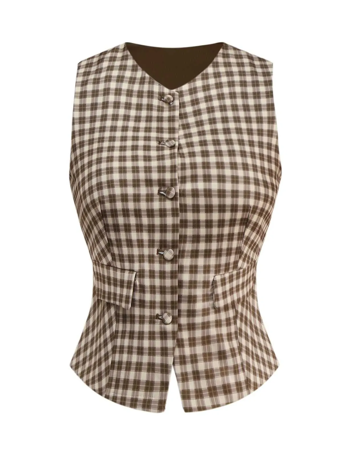 2PCS Brown 1960s Gingham Plaid Pleated Vest & Skirt sold by Retro Stage product image thumbnail 3
