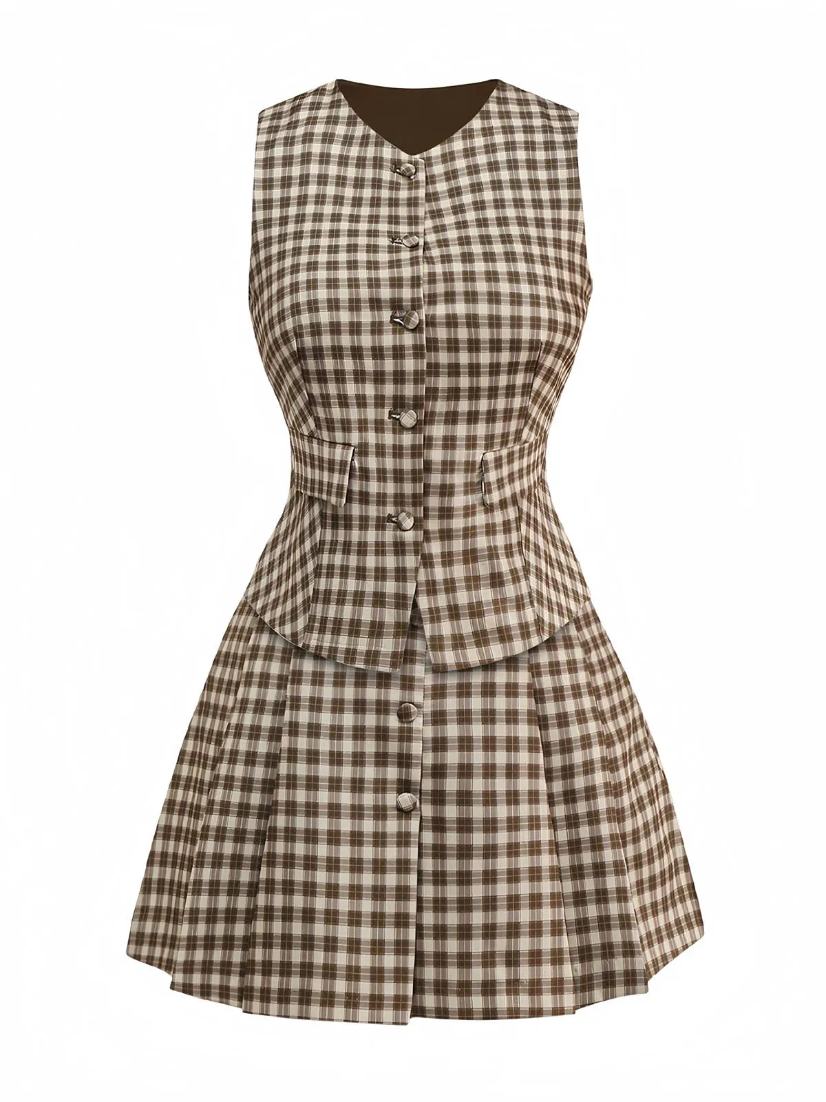 2PCS Brown 1960s Gingham Plaid Pleated Vest & Skirt sold by Retro Stage