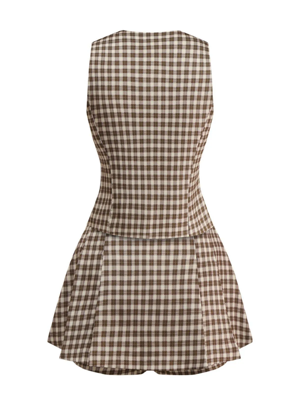 2PCS Brown 1960s Gingham Plaid Pleated Vest & Skirt sold by Retro Stage product image thumbnail 2