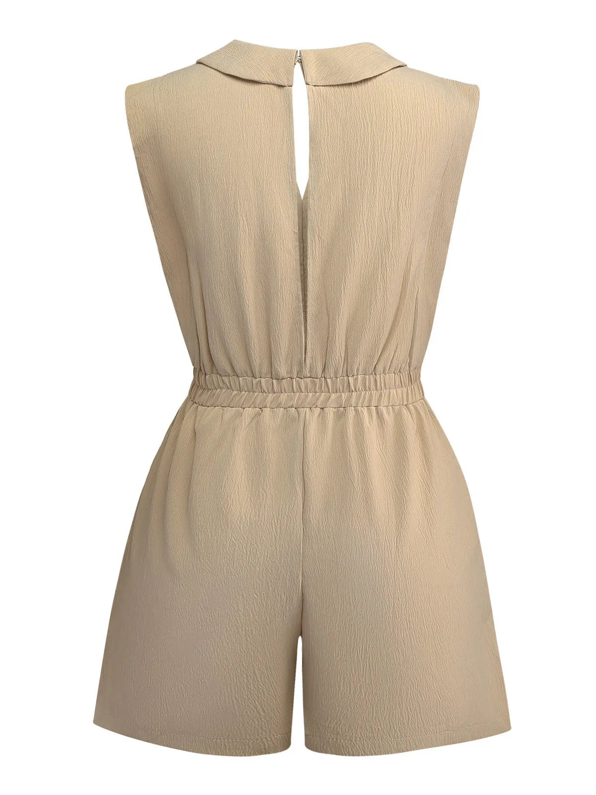 Khaki 1930s V-Neck Pocket Solid Romper sold by Retro Stage product image thumbnail 2