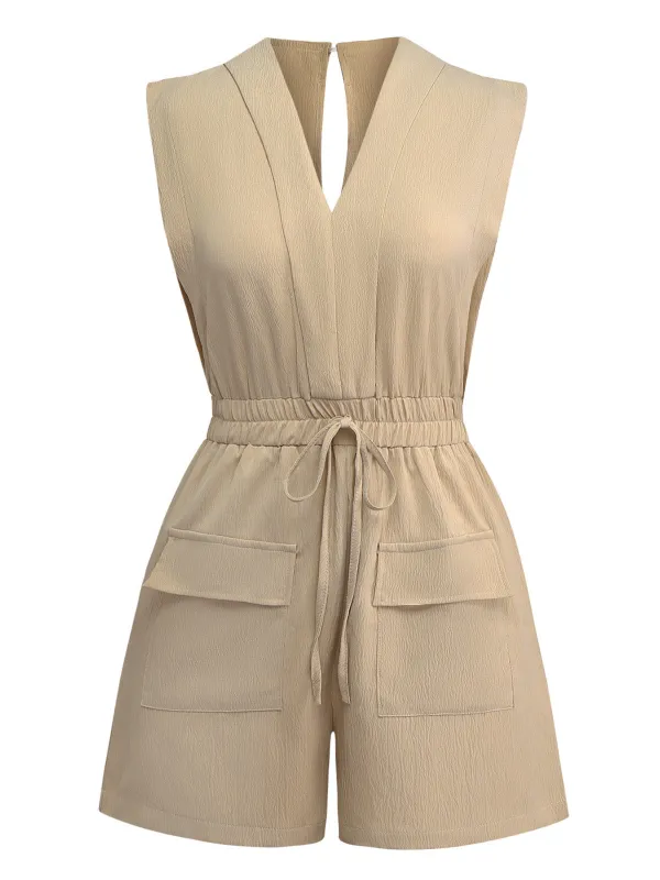 Khaki 1930s V-Neck Pocket Solid Romper sold by Retro Stage