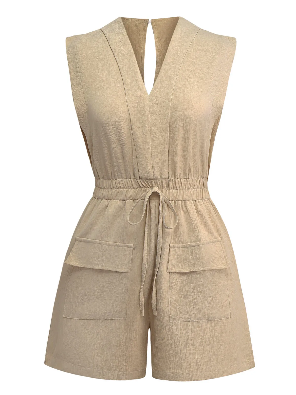 Khaki 1930s V-Neck Pocket Solid Romper sold by Retro Stage