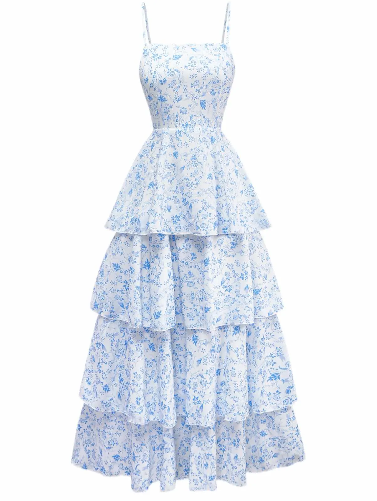 Blue 1970s Spaghetti Strap Floral Tiered Dress sold by Retro Stage