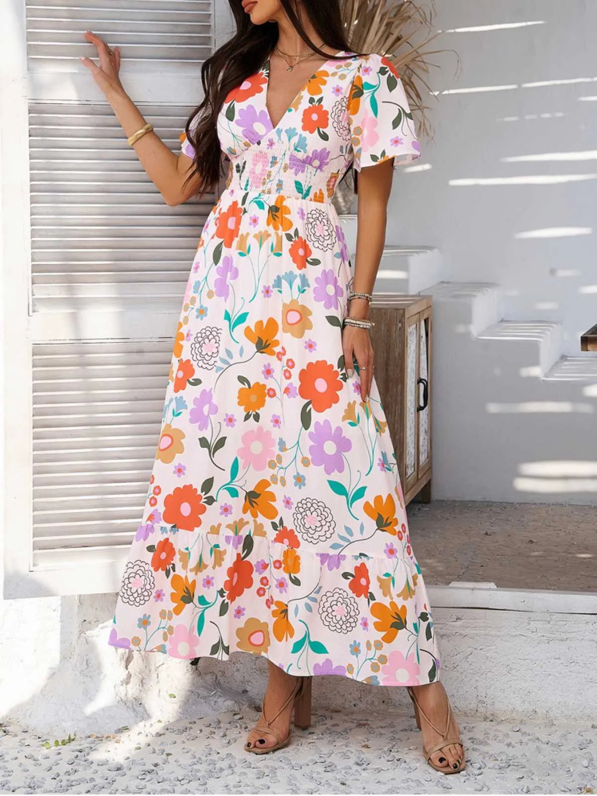 1970s V-Neck Boho Smocked-Waist Floral Dress sold by Retro Stage product image thumbnail 2