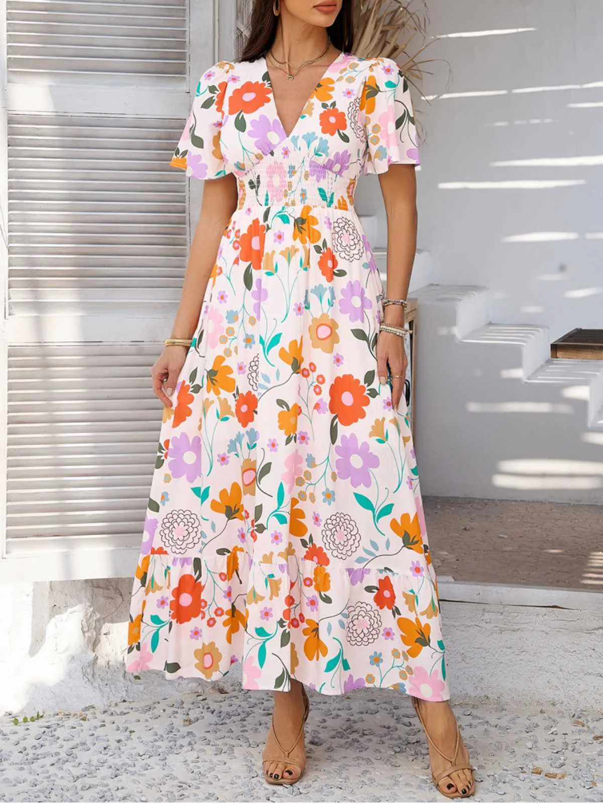 1970s V-Neck Boho Smocked-Waist Floral Dress sold by Retro Stage
