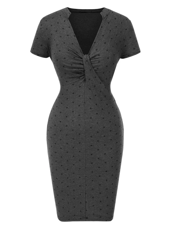Gray 1960s Polka Dots V-Neck Bodycon Dress sold by Retro Stage