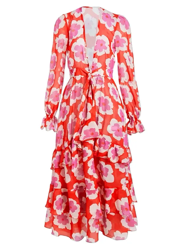 Red 1970s Ruffles Floral Cover-Up Dress sold by Retro Stage