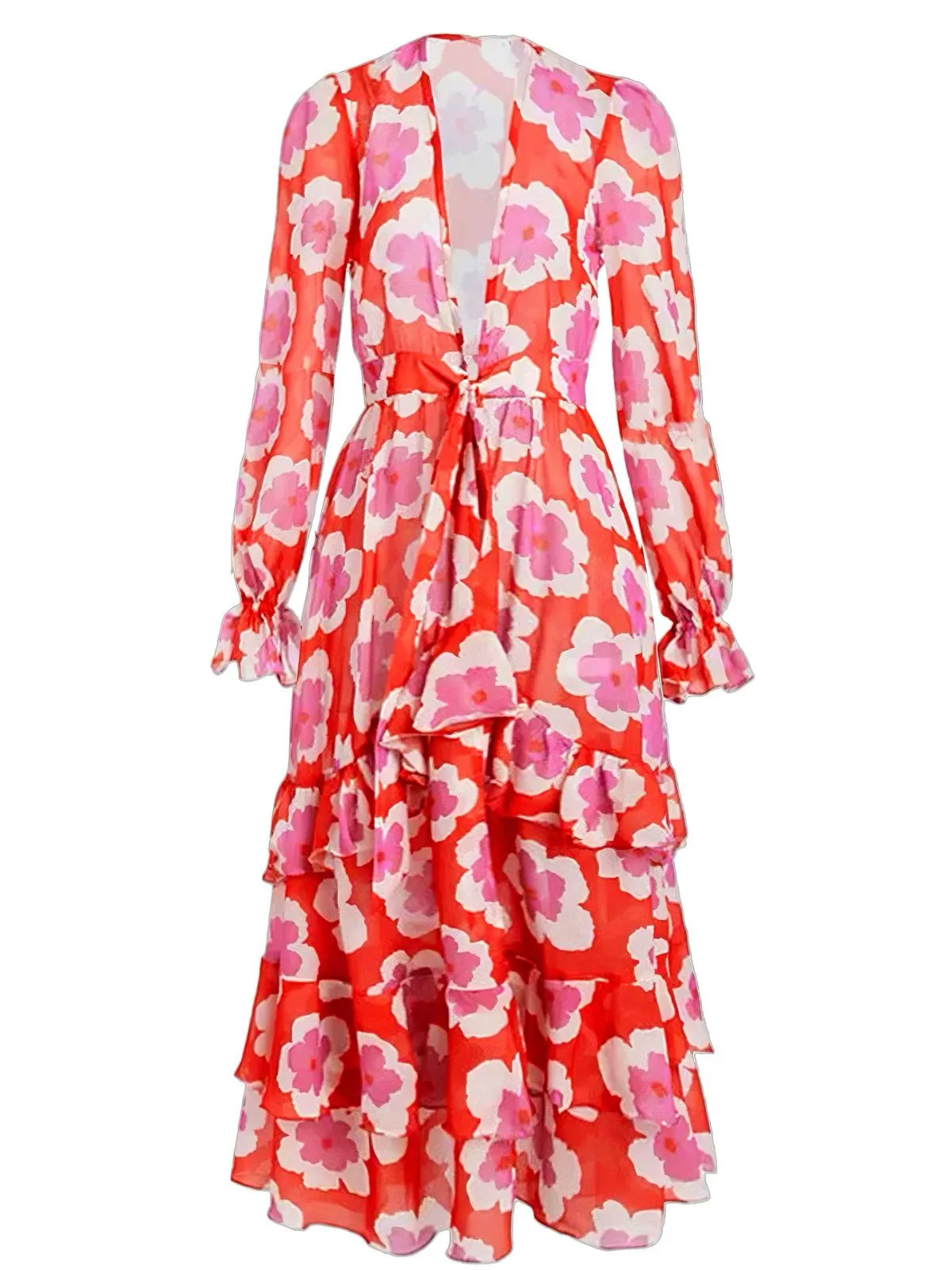 Red 1970s Ruffles Floral Cover-Up Dress sold by Retro Stage