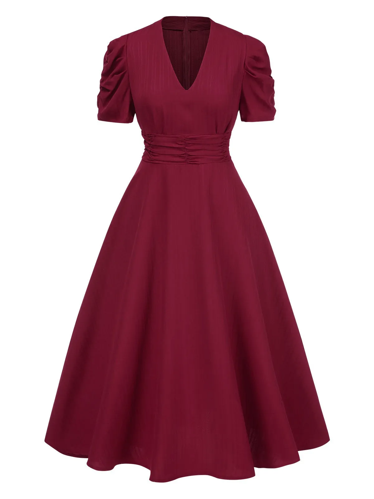1950s Solid Empire Waist V-Neck Puff Sleeves Dress sold by Retro Stage
