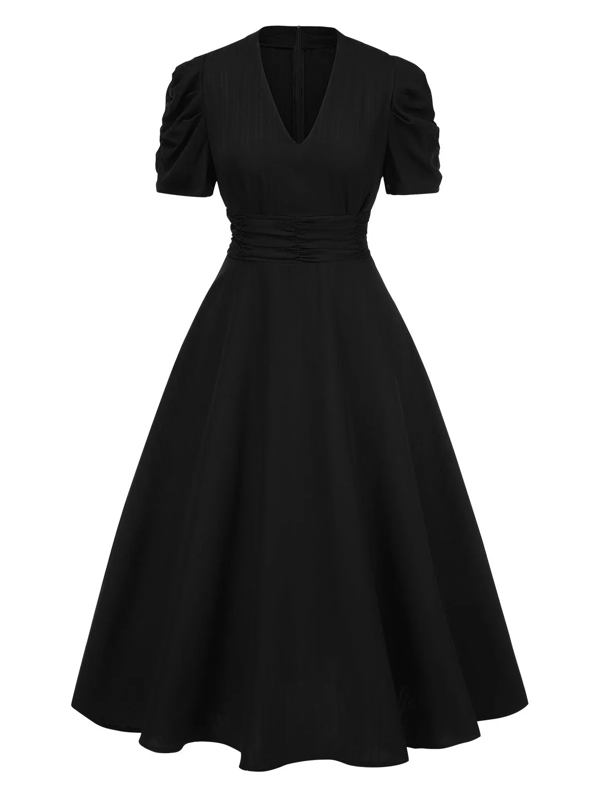 1950s Solid Empire Waist V-Neck Puff Sleeves Dress sold by Retro Stage product image thumbnail 4