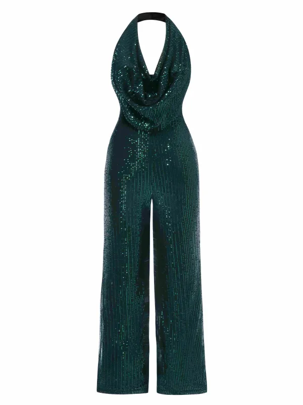 1970s Solid Cowl Neck Halter Sequined Jumpsuit sold by Retro Stage