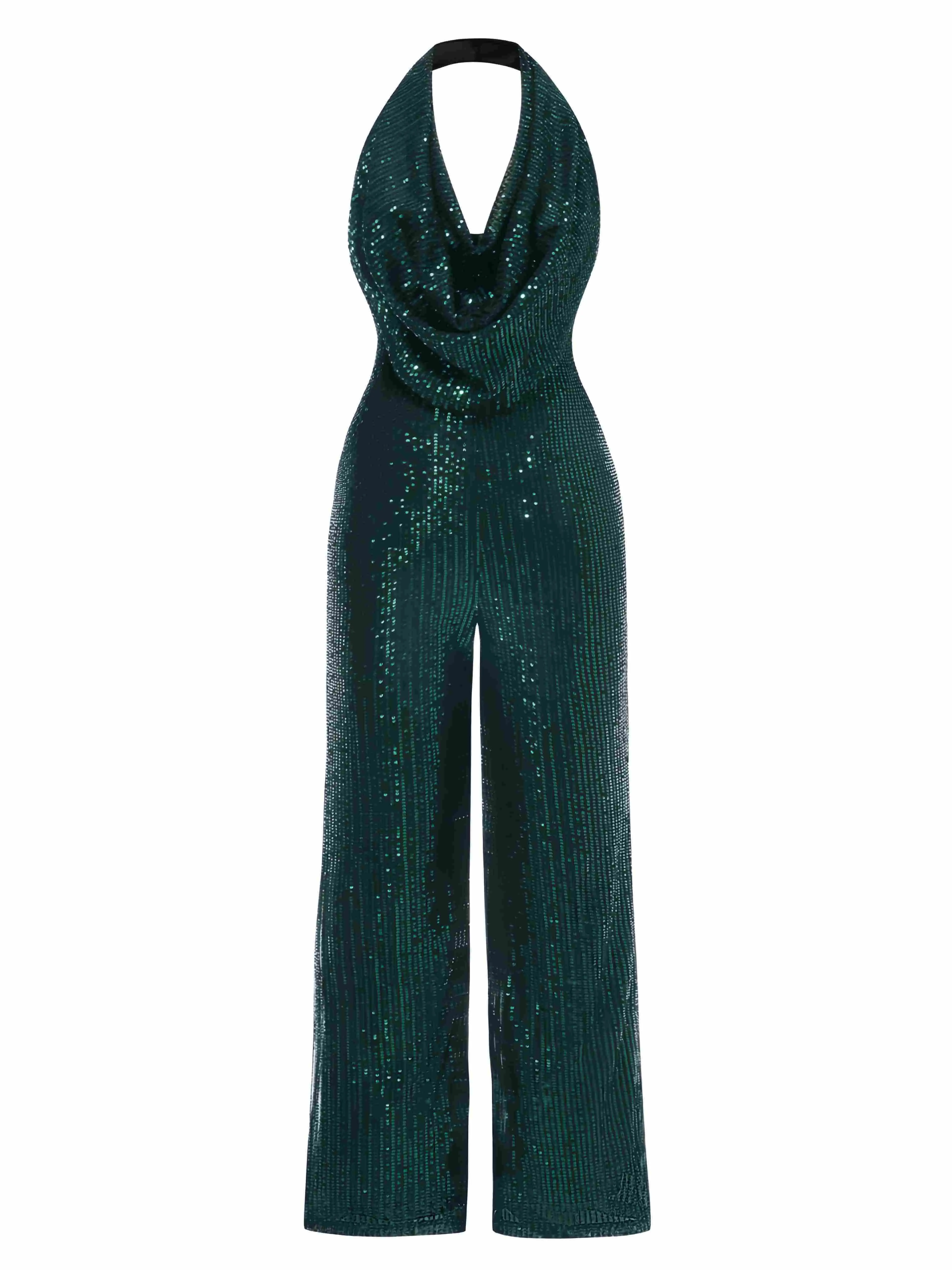 1970s Solid Cowl Neck Halter Sequined Jumpsuit sold by Retro Stage