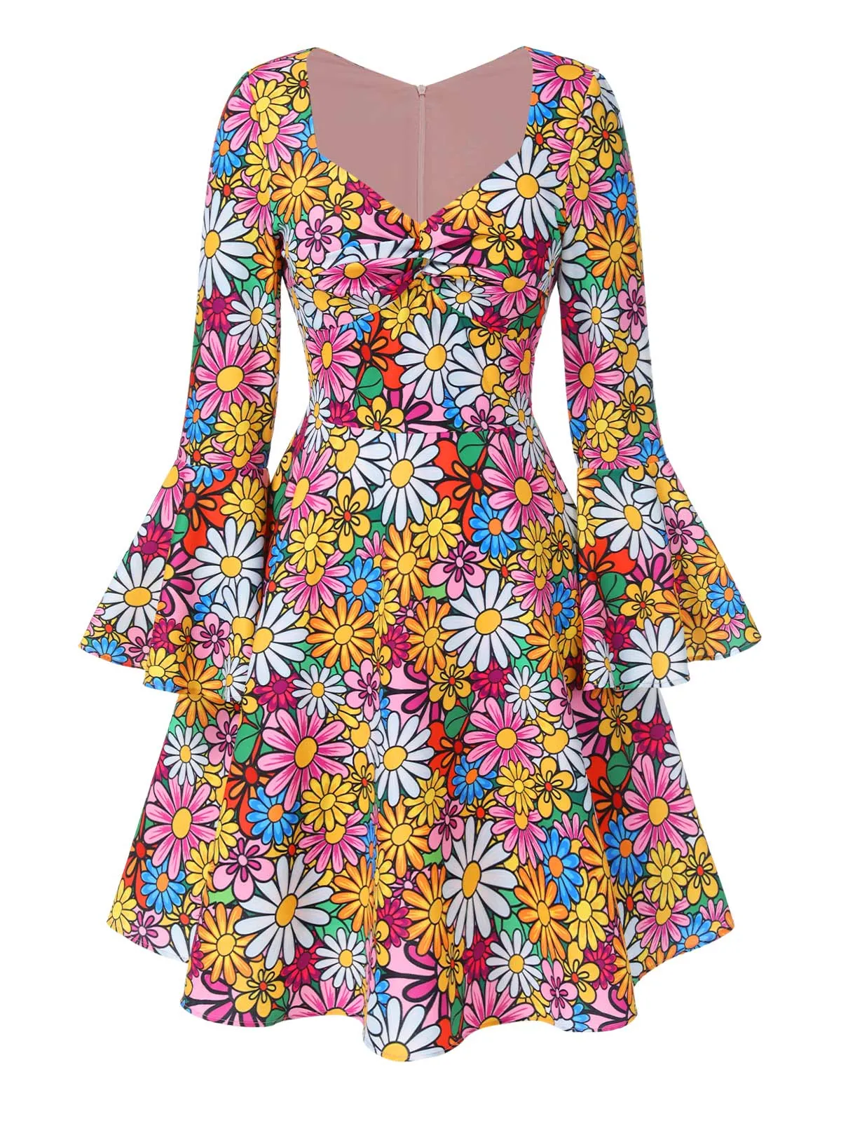 1960s Flare Sleeve Colorful Daisy Dress sold by Retro Stage product image thumbnail 3