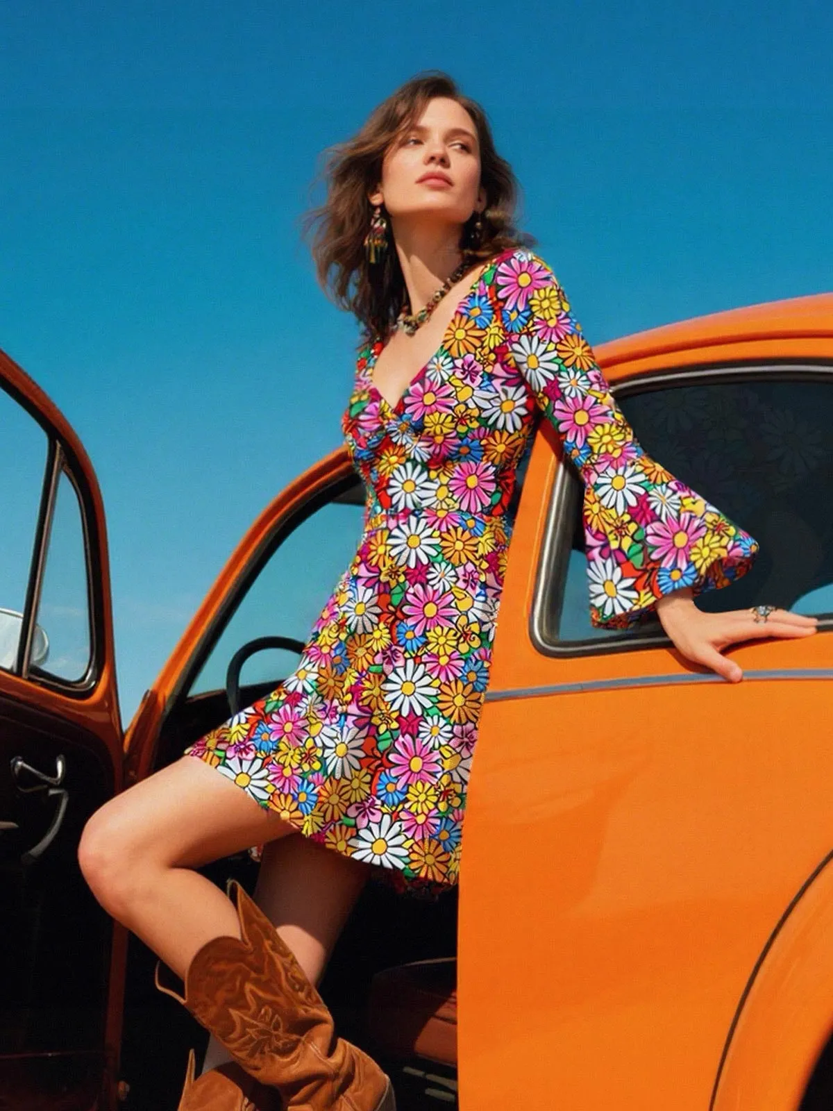 1960s Flare Sleeve Colorful Daisy Dress sold by Retro Stage product image thumbnail 2