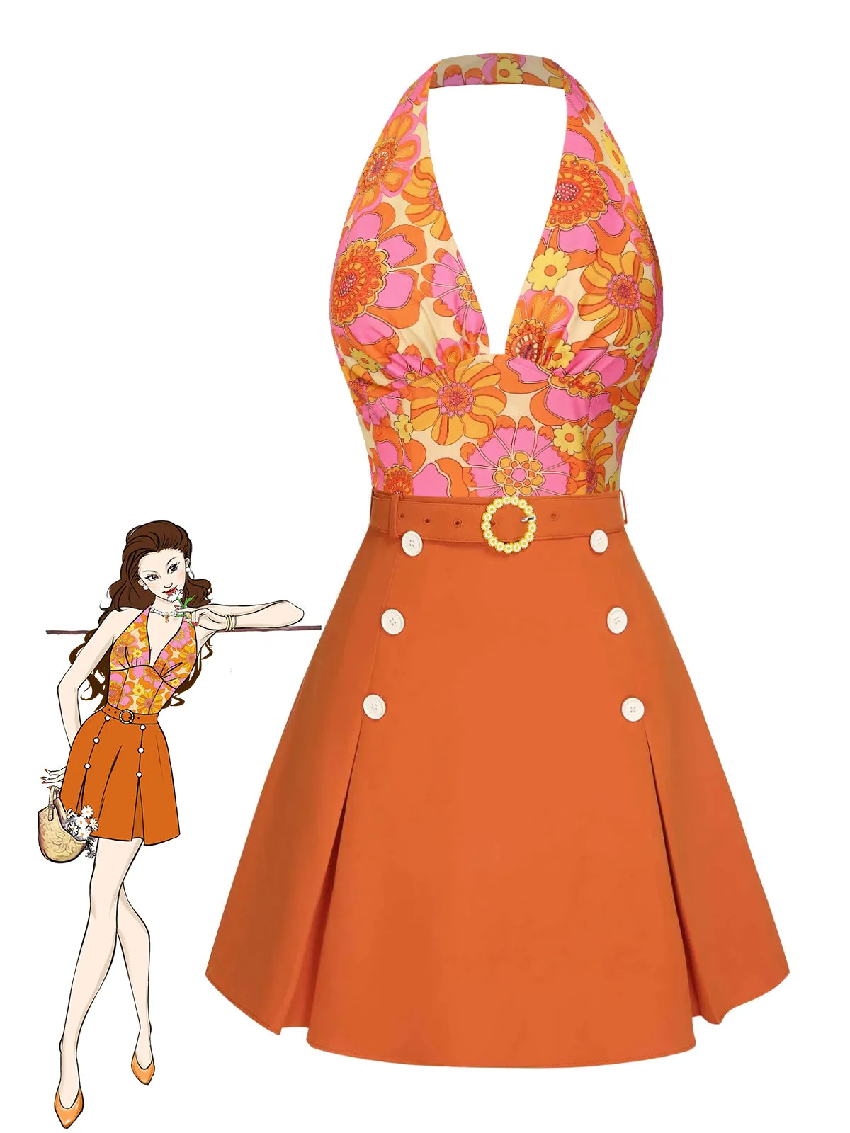 2PCS 1960s Floral Halter Top & Solid Skirt sold by Retro Stage