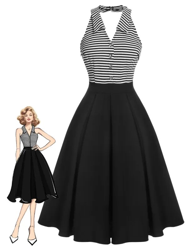[US Warehouse] Black 1950s Stripe Lapel Halter Patchwork Dress sold by Retro Stage