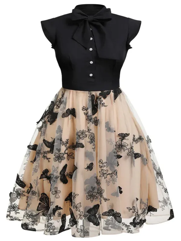 [US Warehouse] [Plus Size] Black 1950s Butterfly Patchwork Vintage Dress sold by Retro Stage