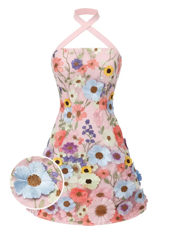 [US Warehouse] Pale Pink 1960s 3D Flower Mini Dress sold by Retro Stage
