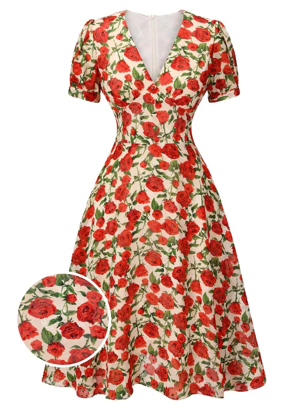 [US Warehouse] Red 1940s Rose V-Neck Swing Dress sold by Retro Stage