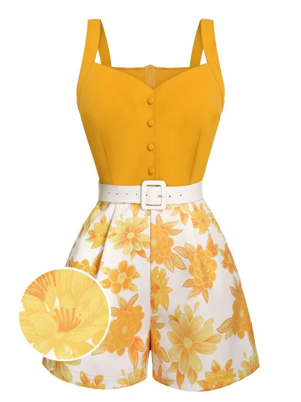 [US Warehouse] Yellow 1950s Spaghetti Strap Floral Romper sold by Retro Stage