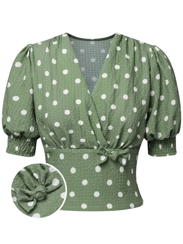 [US Warehouse] Green 1940s Dots Bowknot V-Neck Blouse sold by Retro Stage
