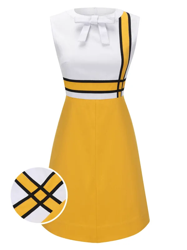 [US Warehouse] White & Yellow 1960s Bowknot Patchwork Dress sold by Retro Stage
