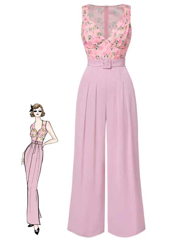 [US Warehouse] Pink 1960s Heart Neck Roses Belted Jumpsuit sold by Retro Stage