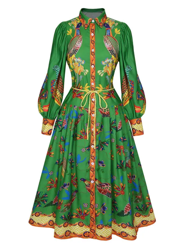 [US Warehouse] Green 1940s Peacock Lantern Sleeve Shirt Dress sold by Retro Stage