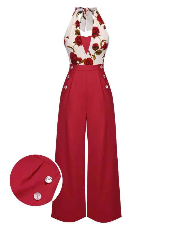 [US Warehouse] Red 1930s Halter Deep V-Neck Roses Jumpsuit sold by Retro Stage