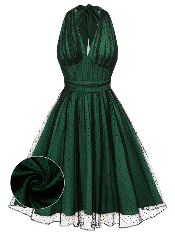 [US Warehouse] Green 1950s Halter Polka Dots Mesh Dress sold by Retro Stage