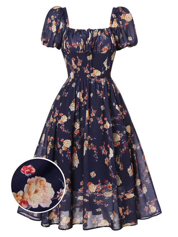 [US Warehouse] Navy Blue Floral Bubble Sleeves Dress sold by Retro Stage