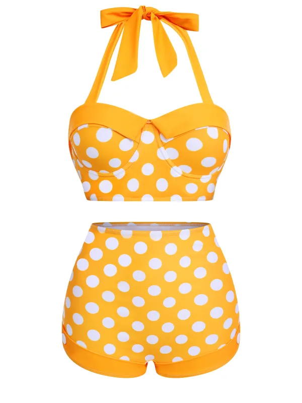 [US Warehouse] Yellow 1950s Polka Dots Halter Bikini Set sold by Retro Stage
