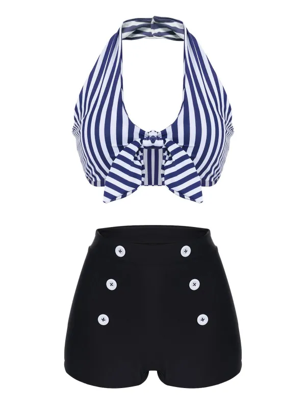 [US Warehouse] Blue 1950s Retro Halter Stripes Bikini Set sold by Retro Stage
