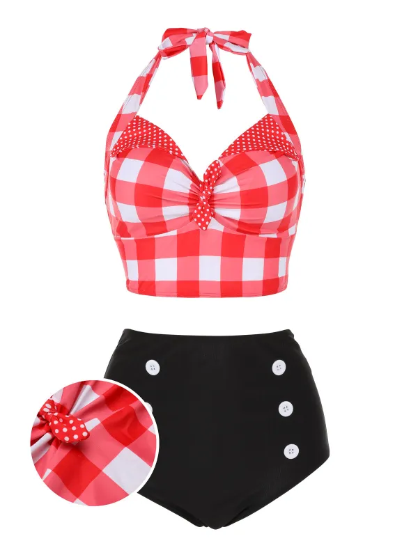 [US Warehouse] Red 1950s Plaid Halter Bikini Set sold by Retro Stage